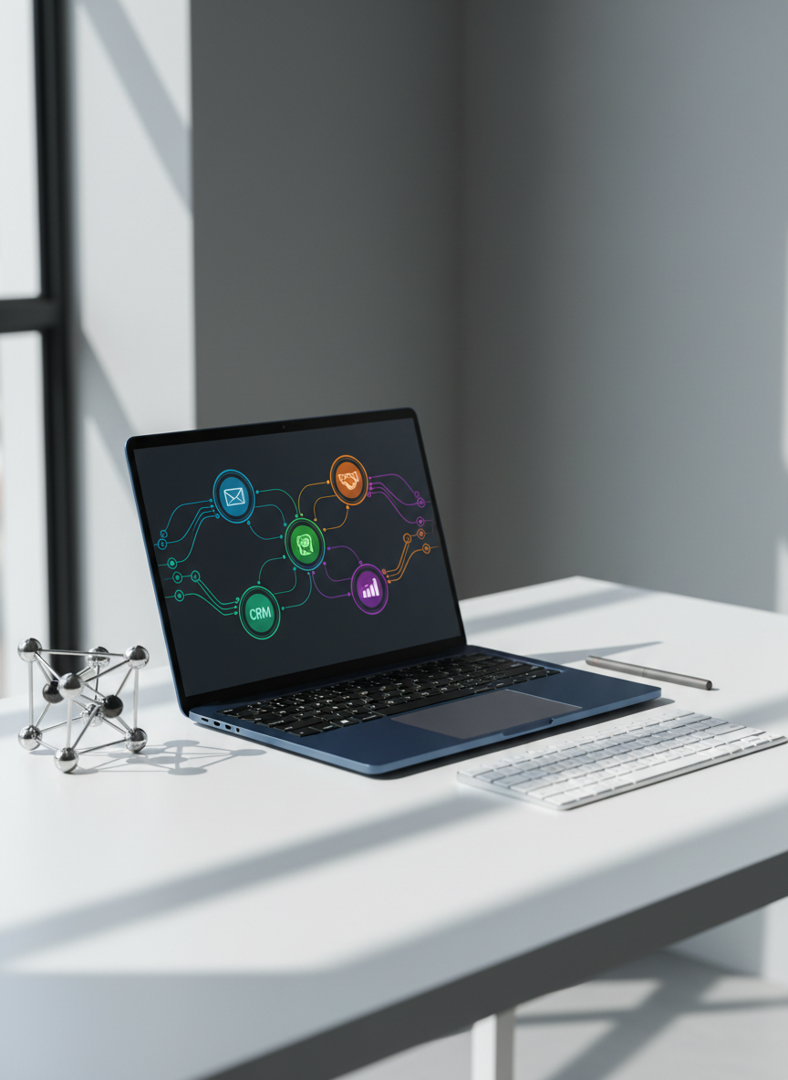 A sleek, midnight-blue laptop open on a minimalist white desk, its screen displaying a clean dashboard of colorful AI automation workflows connecting icons for email, CRM, and analytics. Surrounding the laptop are neatly arranged elements: a silver wireless keyboard, a graphite stylus, and a small, geometric metal desk sculpture symbolizing a neural network. Soft daylight from a large unseen window to the left casts gentle, linear shadows, creating a calm, professional mood. Photographic realism with a clean, modern aesthetic, shot at eye level with a shallow depth of field so the background fades into a soft blur of cool grey, emphasizing focus, clarity, and productivity through intelligent AI tools.